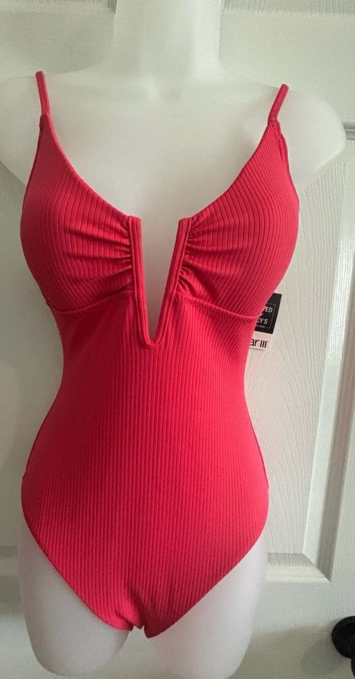Bar III Ribbed V-Wire One-Piece Swimsuit Red